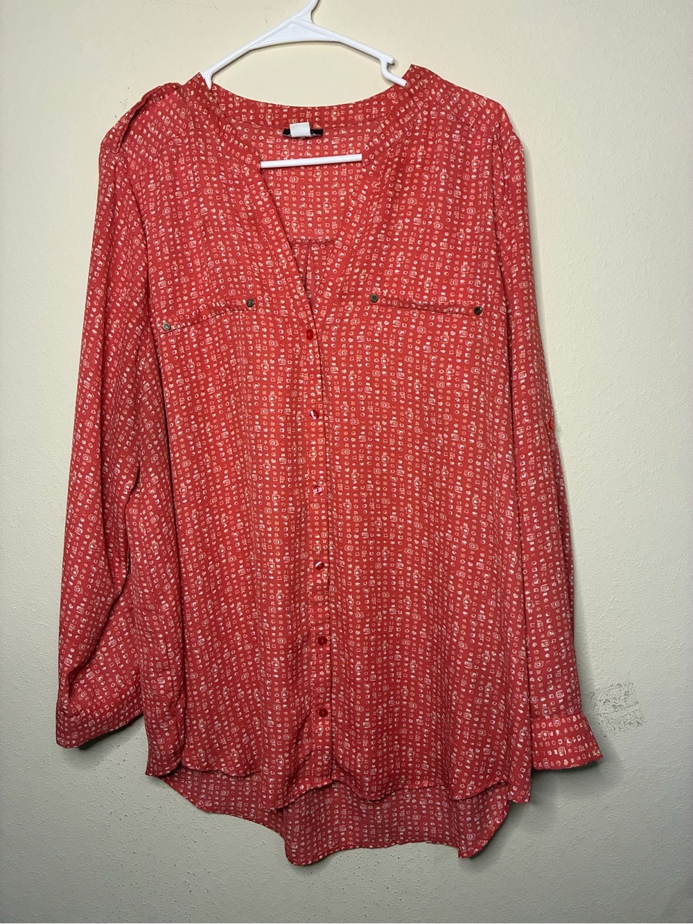 Simply Emma 2X Women's Plus Size Orange Dots Geometric Top Blouse Button Up